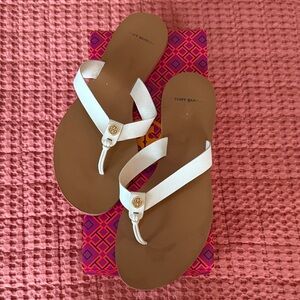 Tory Burch White and Tan Thong Sandals